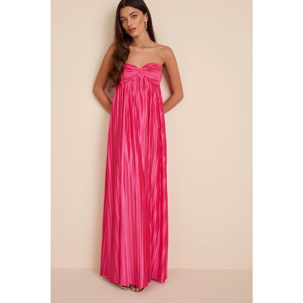 NWT Lulus Whimsical Beauty Hot Pink Satin Plisse Strapless Maxi Dress Size XL